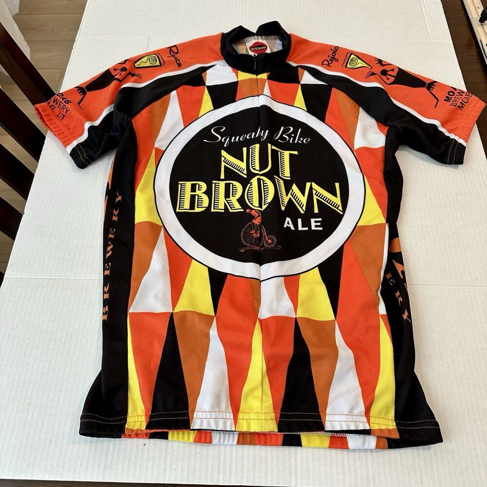 World Jerseys Cycling Jersey Men Sz S Nut Brown Ale Squeaky Bike 3/4 Zip Orange